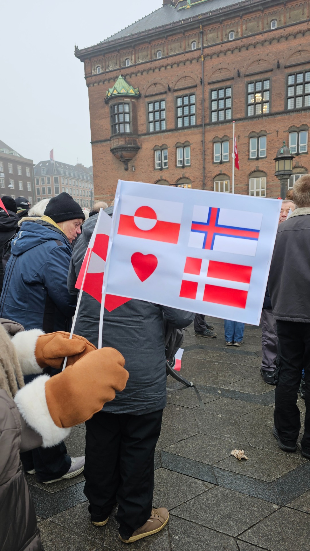 January 2026. A homemade flag featuring the territories of the Kingdom of Denmark, all bound together by a heart. Seen at a protest in Copenhagen City Hall Square in support of Greenland.